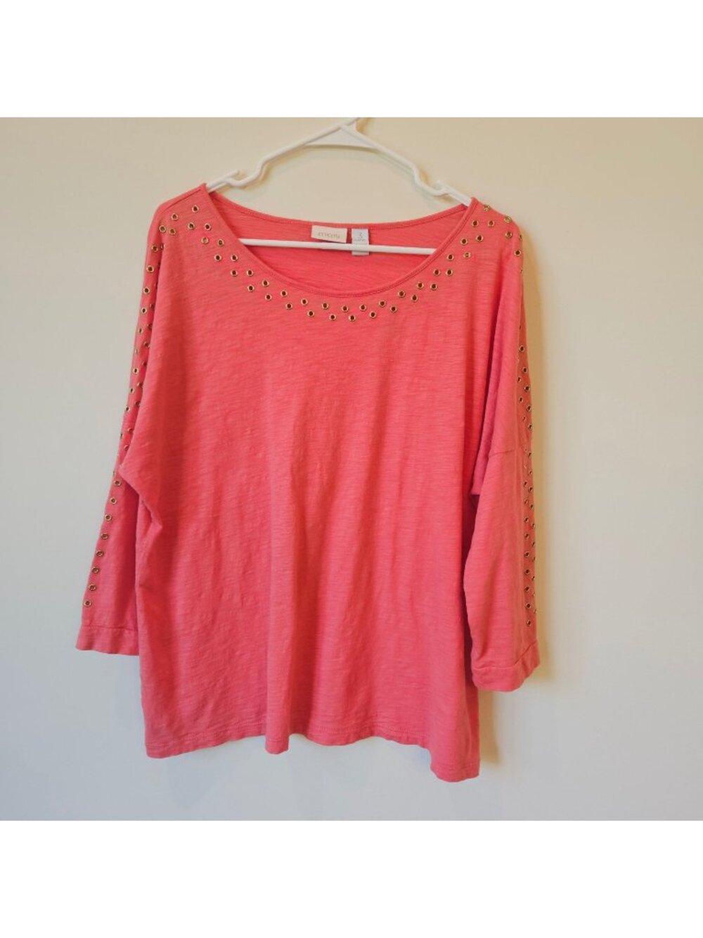 Chicos Coral Pink Grommet Detailed Long Sleeve Top Size 3 Large Cotton Modal
